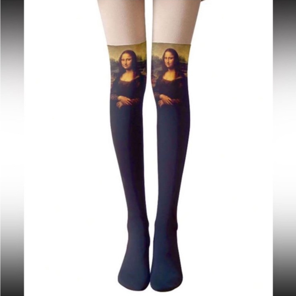 Mona Lisa Print Thigh-High Socks - Picture 2 of 2